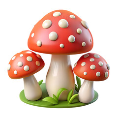 Three cartoon red and white spotted mushrooms isolated on transparent background