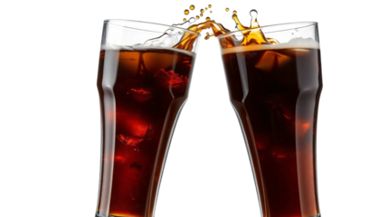 Two glasses of cola toasting with splash isolated on transparent background
