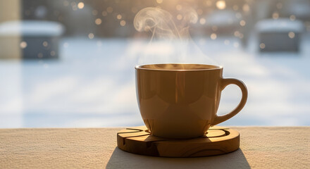 Steaming mug of hot beverage on a cozy winter morning, radiating warmth and comfort against a snowy window backdrop, inviting relaxation and peaceful contemplation.