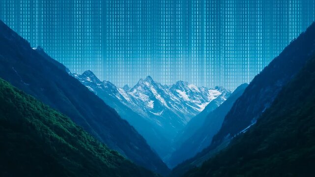 Stunning Mountain Landscape Merges Digital Binary Code with Natures Beauty in Unique Display