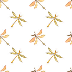 Wild summer insects. Watercolor simple seamless pattern with dragonfly in orange and green pastel colors. Hand drawn illustration on white background for fabric design, packaging, notebooks, calendars