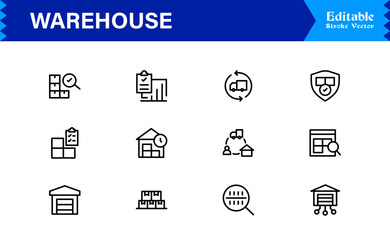 Warehouse and Storage Facility Icons – Modern Professional Line Icon Set Featuring Minimal Vector Design for Logistics and Inventory Management