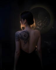 A woman stands gracefully with her back turned, revealing an ornate tattoo that spirals across her shoulder, adorned with intricate light graffiti patterns. The atmospheric lighting creates a dreamlik
