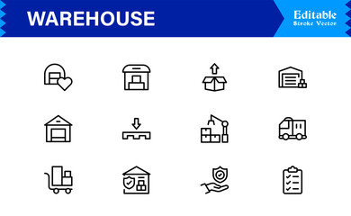 Warehouse and Storage Facility Icons – Modern Professional Line Icon Set Featuring Minimal Vector Design for Logistics and Inventory Management
