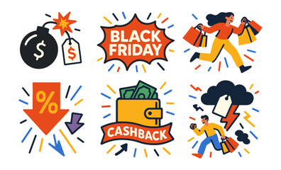 Black friday sale: exciting discounts, cashback offers, and shopping frenzy icons