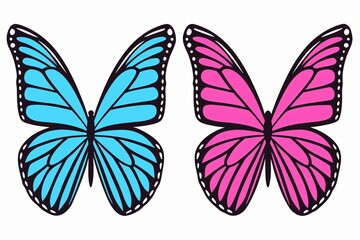 Obraz premium Blue and pink butterfly wings black outlines white background