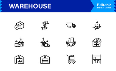 Warehouse and Storage Facility Icons – Modern Professional Line Icon Set Featuring Minimal Vector Design for Logistics and Inventory Management