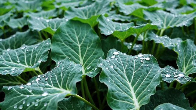 Brilliant green centella asiatica leaves glisten under light rainfall in this peaceful 4K close up ideal for herbal medicine visuals botanical skincare concepts or health and wellness themes