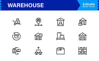 Warehouse and Storage Facility Icons – Modern Professional Line Icon Set Featuring Minimal Vector Design for Logistics and Inventory Management