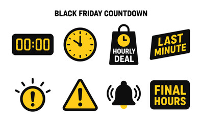 Black friday countdown icons set: hourly deals and last minute alerts
