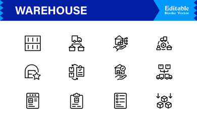 Warehouse and Storage Facility Icons – Modern Professional Line Icon Set Featuring Minimal Vector Design for Logistics and Inventory Management