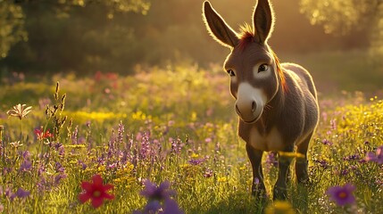 Donkey in warm rural field at noon high resolution picture