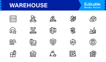 Warehouse and Storage Facility Icons – Modern Professional Line Icon Set Featuring Minimal Vector Design for Logistics and Inventory Management