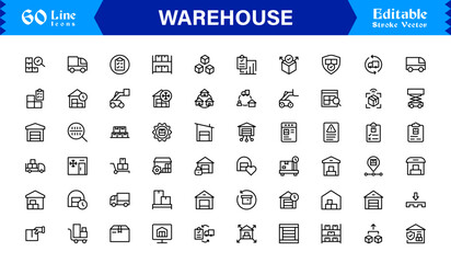 Warehouse and Storage Facility Icons – Modern Professional Line Icon Set Featuring Minimal Vector Design for Logistics and Inventory Management