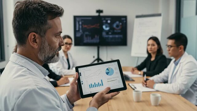 Male doctor presenting clinical data on a tablet. A team of diverse medical professionals in a meeting discussing research results. - Powered by Adobe