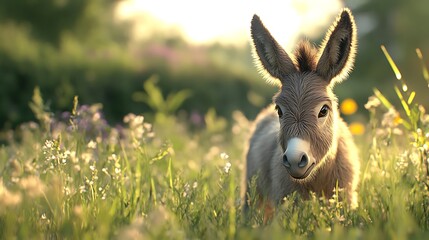 Donkey looking forward peacefully among yellow flowers high resolution picture