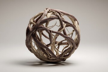 Intricate Sphere Made of Twisting Wooden Branches, Rustic Earth Tones on Neutral Background