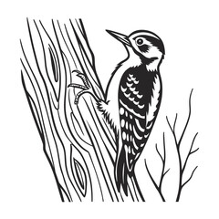 Woodpecker on Tree Trunk Black and White Illustration