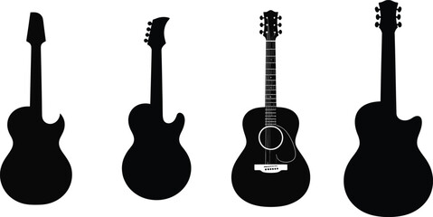 Fototapeta premium Four acoustic guitars are showcased as black silhouette illustrations against a simple white background, creating a minimalist artistic style.