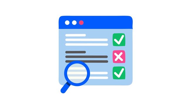 Window checkmark on online test checklist and review icon in cartoon animation. Web-based project management. Browser quality control task verification. Digital workflow and search. Alpha channel.