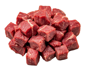 A pile of raw beef cubes, isolated on transparent background, ready for cooking and culinary creations