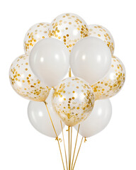 A joyful group of white and clear balloons, filled with golden confetti, floats gently as an isolated transparent png.