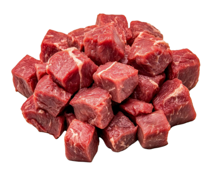 A pile of raw beef cubes, isolated on transparent background, ready for cooking and culinary creations