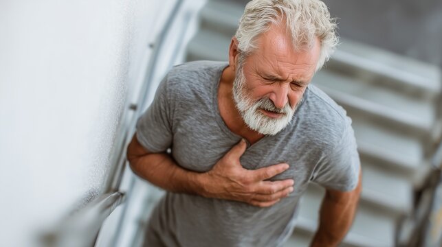 Senior Caucasian man with gray hair and beard, experiencing chest pain while standing on stairs. He looks distressed and is holding his chest.