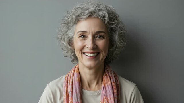 Portrait of a beautiful smiling mature woman with curly gray hair. Cheerful senior lady posing against a grey background.