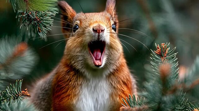 Excited Squirrel Among Pine Branches in Forest