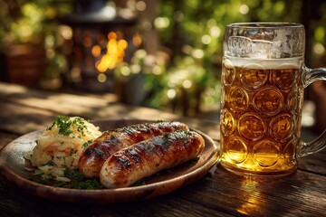 Golden bratwurst and sauerkraut served under trees in German beer garden