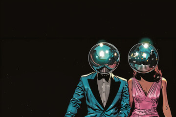 Obraz premium A surreal 70s-inspired scene featuring a couple with disco ball heads, seated side by side against a deep black backdrop.