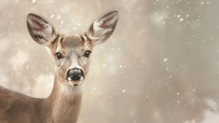 Fototapeta premium Close­up of a young deer head on a muted pastel background. Woodland scene with natural light. Concept of wildlife.