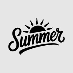 Handwritten summer script logo with sun symbol, perfect for tshirt design, bold seasonal apparel or travel poster print  