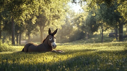 Donkey lying comfortably in morning forest light high resolution picture