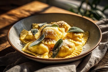Golden Handmade Agnolotti with Butter, Sage, and Parmigiano on Ceramic Plate
