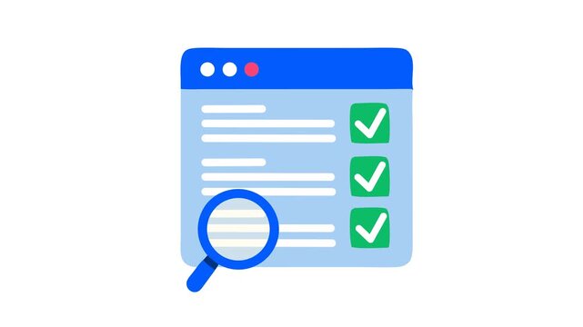 Approved checkmark on online test checklist and review icon in cartoon animation. Web-based project management. Browser quality control task verification. Digital workflow and search. Alpha channel.