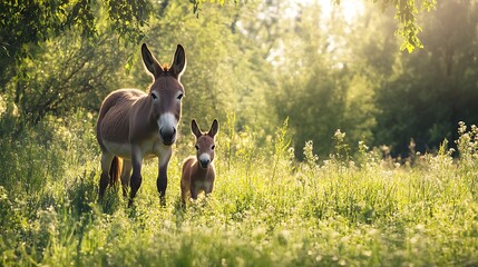 Donkey mother and baby bonding on countryside walk high resolution picture