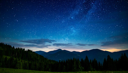 Fototapeta premium Dark Blue Night Sky with Milky Way over Mountain Range and Trees