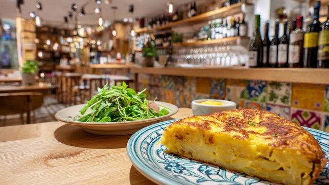 Traditional Spanish potato omelet (tortilla) on a plate with a fresh salad.
