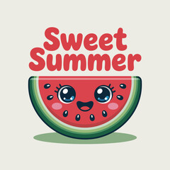 Cute watermelon slice under sweet summer text with rounded font, ideal for greeting card, kids party poster or summer printable  