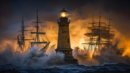 Lighthouse amidst a stormy sea, with ancient ships battling waves