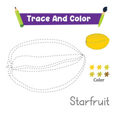 Handwriting Practice. Trace And Color The Starfruit Food Which Is Perfect. Vector Illustration