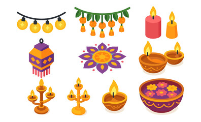 Fototapeta premium Colorful diwali decorations with diyas, candles, and festive garlands