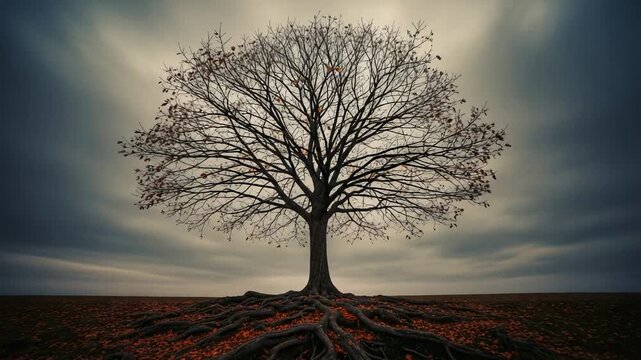 A solitary bare tree with its roots exposed, standing strong in a field of fallen autumn leaves under a dramatic, cloudy sky.