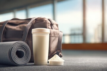 Fitness Essentials on the Floor of a Gym with Bag, Shaker, and Mat