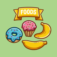 fun cartoon colored food compilation with banner isolated drawing line style sketch classic vintage design illustration