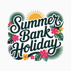 Obraz premium Enjoy the holiday card with sun, tropical flowers, palm leaves, playful script, printable sticker, summer icon