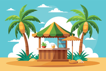 Tropical beach bar with palm trees and sunny sky