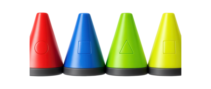 Multi-colored marker cones with numbered labels for team sports